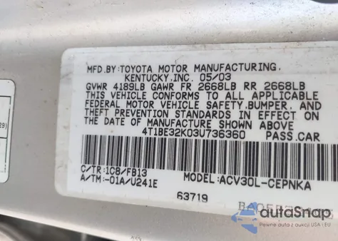 2003 Toyota Camry Le from USA, damaged, VIN 4T1BE32K03U736360